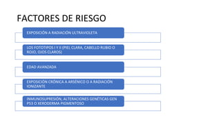 FACTORES DE RIESGO
EXPOSICIÓN A RADIACIÓN ULTRAVIOLETA
LOS FOTOTIPOS I Y II (PIEL CLARA, CABELLO RUBIO O
ROJO, OJOS CLAROS)
EDAD AVANZADA
EXPOSICIÓN CRÓNICA A ARSÉNICO O A RADIACIÓN
IONIZANTE
INMUNOSUPRESIÓN, ALTERACIONES GENÉTICAS GEN
P53 O XERODERMA PIGMENTOSO
 