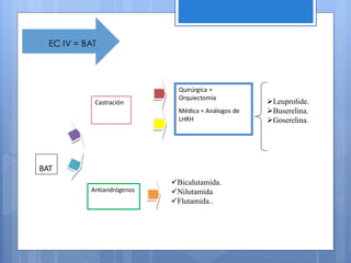 EC IV = BAT




                              Quirúrgica =
                              Orquiectomía
            Castración                               Leuprolide.
                              Médica = Análogos de   Buserelina.
                              LHRH                   Goserelina.




BAT
                            Bicalutamida.
           Antiandrógenos   Nilutamida
                            Flutamida..
 