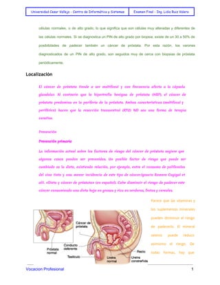  
Universidad Cesar Vallejo - Centro de Informática y Sistemas Examen Final - Ing. Lidia Ruiz Valera
 
células normales, o de alto grado, lo que significa que son células muy alteradas y diferentes de
                                 
las células normales. Si se diagnostica un PIN de alto grado por biopsia, existe de un 30 a 50% de
                                       
posibilidades de padecer también un cáncer de próstata. Por esta razón, los varones
                         
diagnosticados de un PIN de alto grado, son seguidos muy de cerca con biopsias de próstata
                               
periódicamente. 
Localización
El cáncer de próstata tiende a ser multifocal y con frecuencia afecta a la cápsula
glandular. Al contrario que la hipertrofia benigna de próstata (HBP), el cáncer de
próstata predomina en la periferia de la próstata. Ambas características (multifocal y
periférico) hacen que la resección transuretral (RTU) NO sea una forma de terapia
curativa.
Prevención
Prevención primaria
La información actual sobre los factores de riesgo del cáncer de próstata sugiere que
algunos casos pueden ser prevenidos. Un posible factor de riesgo que puede ser
cambiado es la dieta, existiendo relación, por ejemplo, entre el consumo de polifenoles
del vino tinto y una menor incidencia de este tipo de cáncer.Ignacio Romero Cagigal et
alii. «Dieta y cáncer de próstata» (en español). Cabe disminuir el riesgo de padecer este
cáncer consumiendo una dieta baja en grasas y rica en verduras, frutas y cereales.
Parece que las vitaminas y
los suplementos minerales
pueden disminuir el riesgo
de padecerlo. El mineral
selenio puede reducir
asimismo el riesgo. De
todas formas, hay que
Vocacion Profesional          1 
 