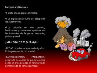 Factores ambientales 
 Dieta alta en grasas animales. 
 La exposición al humo del escape de 
los automóviles. 
 La polución del aire, cadmio, 
fertilizantes y sustancias químicas en 
las industrias de la goma, imprenta, 
pintura y naval. 
FACTORES DE RIESGO: 
EDAD: hombres mayores de 65 años. 
El riesgo aumenta con la edad. 
ANTECEDENTES FAMILIARES: 
desarrollo de cáncer de próstata antes 
de los 65 años de edad en familiares de 
primer grado de consanguinidad. 
 