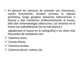 • En general los cánceres de próstata son silenciosos,
crecen lentamente, invaden primero la cápsula
prostática, luego ganglios pelvianos (obturatrices e
iliacos) y dan metástasis preferentemente al hueso.
Sólo dan sintomatología obstructiva. Las lesiones en el
hueso son osteoblásticas (se ve más blanco y
algodonoso el hueso en la radiografía) y los sitios más
frecuentes de metástasis son:
 Columna sacra.
 Crestas ilíacas.
 Columna lumbar.
 Columna dorsal, cráneo, etc.
 