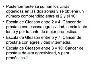 • Posteriormente se suman los cifras
obtenidas en las dos zonas y se obtiene un
número comprendido entre el 2 y el 10:
• Escala de Gleason entre 2 y 4: Cáncer de
próstata con escasa agresividad, crecimiento
lento y por lo tanto de mejor pronostico.
• Escala de Gleason entre 5 y 7: Cáncer de
próstata con agresividad intermedia.
• Escala de Gleason entre 8 y 10: Cáncer de
próstata de alta agresividad, y peor
pronóstico.[1]
 