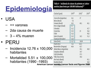 Epidemiología
• USA
– ++ varones
– 2da causa de muerte
– 3 – 4% mueren
• PERU
– Incidencia 12.76 x 100,000
habitantes
– Mortalidad 5.51 x 100,000
habitantes (1990 -1993)
American cancer society, cancer facts and figures 2005American cancer society, cancer facts and figures 2005
 