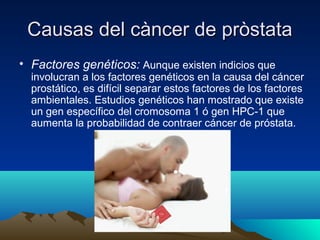Causas del càncer de pròstataCausas del càncer de pròstata
• Factores genéticos: Aunque existen indicios que
involucran a los factores genéticos en la causa del cáncer
prostático, es difícil separar estos factores de los factores
ambientales. Estudios genéticos han mostrado que existe
un gen específico del cromosoma 1 ó gen HPC-1 que
aumenta la probabilidad de contraer cáncer de próstata.
 