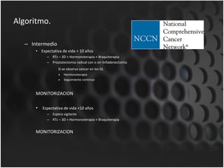 Algoritmo. Intermedio Espectativa de vida > 10 años RTc – 3D + Hormonoterapia + Braquiterapia Prostatectomia radical con o sin linfadenectomia Si se observa cancer en los GL Hormonoterapia Seguimiento continuo MONITORIZACION Espectativa de vida <10 años Espera vigilante RTc – 3D + Hormonoterapia + Braquiterapia MONITORIZACION 