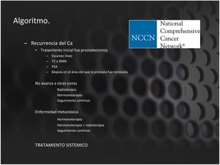 Algoritmo. Recurrencia del Ca Tratamiento inicial fue prostatectomia Escaneo Oseo TC o RMN PSA Biopsia en el área del que la próstata fue removida No avanza a otras zonas Radioterapia Hormonoterapia Seguimiento continuo Enfermedad metastásica  Hormonoterapia Hormonoterapia + radioterapia Seguimiento continuo TRATAMIENTO SISTEMICO 