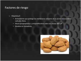 Factores de riesgo Vitamina E Antioxidante que protege las membranas celulares de la accion nocova de los radicales libres Efecto proapoptotico y antiproliferativo sobre las celulas del CaP Estudios en fumadores 