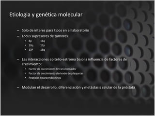 Etiologia y genética molecular Solo de interes para tipos en el laboratorio Locus supresores de tumores 8p 16q 10q 17p 13ª 18q Las interacciones epitelio-estroma bajo la influencia de factores de crecimiento: Factor de crecimiento ß transformador Factor de crecimiento derivado de plaquetas Peptidos neuroendócrinos Modulan el desarrollo, diferenciación y metástasis celular de la próstata 