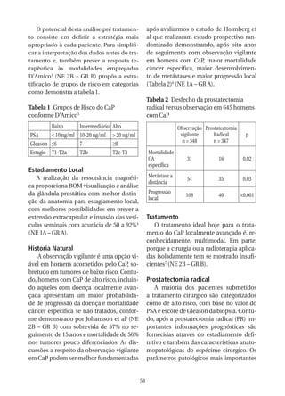 O potencial desta análise pré tratamen-            após avaliarmos o estudo de Holmberg et
to consiste em definir a estratégia mais               al que realizaram estudo prospectivo ran-
apropriado à cada paciente. Para simplifi-             domizado demonstrando, após oito anos
car a interpretação dos dados antes do tra-            de seguimento com observação vigilante
tamento e, também prever a resposta te-                em homens com CaP, maior mortalidade
rapêutica às modalidades empregadas                    câncer especifica, maior desenvolvimen-
D’Amico3 (NE 2B – GR B) propôs a estra-                to de metástases e maior progressão local
tificação de grupos de risco em categorias             (Tabela 2)6 (NE 1A – GR A).
como demonstra a tabela 1.
                                                       Tabela 2 Desfecho da prostatectomia
Tabela 1 Grupos de Risco do CaP                        radical versus observação em 645 homens
conforme D’Amico3                                      com CaP
        Baixo        Intermediário   Alto                            Observação Prostatectomia
PSA     < 10 ng/ml   10-20 ng/ml     > 20 ng/ml                       vigilante    Radical         p
                                                                       n = 348      n = 347
Gleason ≤6           7               ≥8
Estagio T1-T2a       T2b             T2c-T3            Mortalidade
                                                       CA                31           16          0,02
                                                       específica
Estadiamento Local
   A realização da ressonância magnéti-                Metástase a
                                                                         54           35          0,03
                                                       distância
ca proporciona BOM visualização e análise
da glândula prostática com melhor distin-              Progressão
                                                                        108           40         <0,001
                                                       local
ção da anatomia para estagiamento local,
com melhores possibilidades em prever a
extensão extracapsular e invasão das vesí-             Tratamento
culas seminais com acurácia de 50 a 92%4                  O tratamento ideal hoje para o trata-
(NE 1A – GR A).                                        mento do CaP localmente avançado é, re-
                                                       conhecidamente, multimodal. Em parte,
Historia Natural                                       porque a cirurgia ou a radioterapia aplica-
    A observação vigilante é uma opção vi-             das isoladamente tem se mostrado insufi-
ável em homens acometidos pelo CaP, so-                cientes7 (NE 2B – GR B).
bretudo em tumores de baixo risco. Contu-
do, homens com CaP de alto risco, incluin-             Prostatectomia radical
do aqueles com doença localmente avan-                    A maioria dos pacientes submetidos
çada apresentam um maior probabilida-                  a tratamento cirúrgico são categorizados
de de progressão da doença e mortalidade               como de alto risco, com base no valor do
câncer especifica se não tratados, confor-             PSA e escore de Gleason da biópsia. Contu-
me demonstrado por Johansson et al5 (NE                do, após a prostatectomia radical (PR) im-
2B – GR B) com sobrevida de 57% no se-                 portantes informações prognósticas são
guimento de 15 anos e mortalidade de 56%               fornecidas através do estadiamento defi-
nos tumores pouco diferenciados. As dis-               nitivo e também das características anato-
cussões a respeito da observação vigilante             mopatológicas do espécime cirúrgico. Os
em CaP podem ser melhor fundamentadas                  parâmetros patológicos mais importantes


                                                  58
 