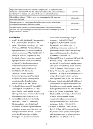RB pós-RT ou BT é definida como aumento > 2 ng/ml acima do nadir com ou sem
 tratamento hormonal (RTOG-ASTRO). A definição de 3 elevações consecutivas do PSA                  Consenso
 (ASTRO) pode ser utilizada para estudos de RT sem uso de terapia hormonal

 RB pós-RT em CaP com PSADT < 3 meses está associada a sobrevida mais curta e
                                                                                                 NE 2B – GR B
 recorrência sistêmica
 PR de salvamento está associada a maior incidência de complicações cirúrgicas e
                                                                                                 NE 2B – GR B
 resultados funcionais e oncológicos reservados
 PR de salvamento apresenta resultados funcionais e oncológicos satisfatórios em
 pacientes com expectativa longa de vida, doença confinada, baixo PSA pré-op, PSADT              NE 2B – GR B
 longo, e escore de Gleason < 7


Referências                                                      a standard in the reporting of surgical
1. Jemal A, Siegel R, Xu J, Ward E. Cancer statistics,           outcomes. J Urol. 2007;177:540-5.
   2010. CA Cancer J Clin. 2010;60:277-300.                   7. Stephenson AJ, Kattan MW, Eastham
2. Pound CR, Partin AW, Eisenberger MA, Chan                     JA, Dotan ZA, Bianco FJ Jr, Lilja H, et
   DW, Pearson JD, Walsh PC. Natural history                     al. Defining biochemical recurrence of
   of progression after PSA elevation following                  prostate cancer after radical prostatectomy:
   radical prostatectomy. JAMA. 1999;281:1591-7.                 a proposal for a standardized definition.
3. Amling CL, Blute ML, Bergstralh EJ, Seay                      J Clin Oncol. 2006;24:3973-8.
   TM, Slezak J, Zincke H. Long-term hazard                   8. Moreira DM, Presti JC Jr, Aronson WJ, Terris MK,
   of progression after radical prostatectomy                    Kane CJ, Amling CL, et al. Natural history of
   for clinically localized prostate cancer:                     persistently elevated prostate specific antigen
   continued risk of biochemical failure                         after radical prostatectomy: results from the
   after 5 years. J Urol. 2000;164:101-5.                        SEARCH database. J Urol. 2009;182:2250-5.
4. Han M, Partin AW, Zahurak M,                               9. Lange PH, Ercole CJ, Lightner DJ, Fraley EE,
   Piantadosi S, Epstein JI, Walsh PC.                           Vessella R. The value of serum prostate specific
   Biochemical (prostate specific antigen)                       antigen determinations before and after
   recurrence probability following radical                      radical prostatectomy. J Urol. 1989;141:873-9.
   prostatectomy for clinically localized                     10. Trapasso JG, deKernion JB, Smith RB, Dorey F.
   prostate cancer. J Urol. 2003;169:517-23.                     The incidence and significance of detectable
5. Freedland SJ, Humphreys EB, Mangold LA,                       levels of serum prostate specific antigen after
   Eisenberger M, Dorey FJ, Walsh PC, et al.                     radical prostatectomy. J Urol. 1994;152:1821-5.
   Risk of prostate cancer-specific mortality                 11. Partin AW, Pearson JD, Landis PK, Carter
   following biochemical recurrence after radical                HB, Pound CR, Clemens JQ, et al. Evaluation
   prostatectomy. JAMA. 2005;294:433-9.                          of serum prostate-specific antigen
6. Cookson MS, Aus G, Burnett AL, Canby-                         velocity after radical prostatectomy to
   Hagino ED, D’Amico AV, Dmochowski                             distinguish local recurrence from distant
   RR, et al. Variation in the definition of                     metastases. Urology. 1994;43:649-59.
   biochemical recurrence in patients treated                 12. D’Amico AV, Moul JW, Carroll PR, Sun L,
   for localized prostate cancer: the American                   Lubeck D, Chen MH. Surrogate end point
   Urological Association Prostate Guidelines                    for prostate cancer-specific mortality after
   for Localized Prostate Cancer Update                          radical prostatectomy or radiation therapy.
   Panel report and recommendations for                          J Natl Cancer Inst. 2003;95:1376-83.



                                                         68
 