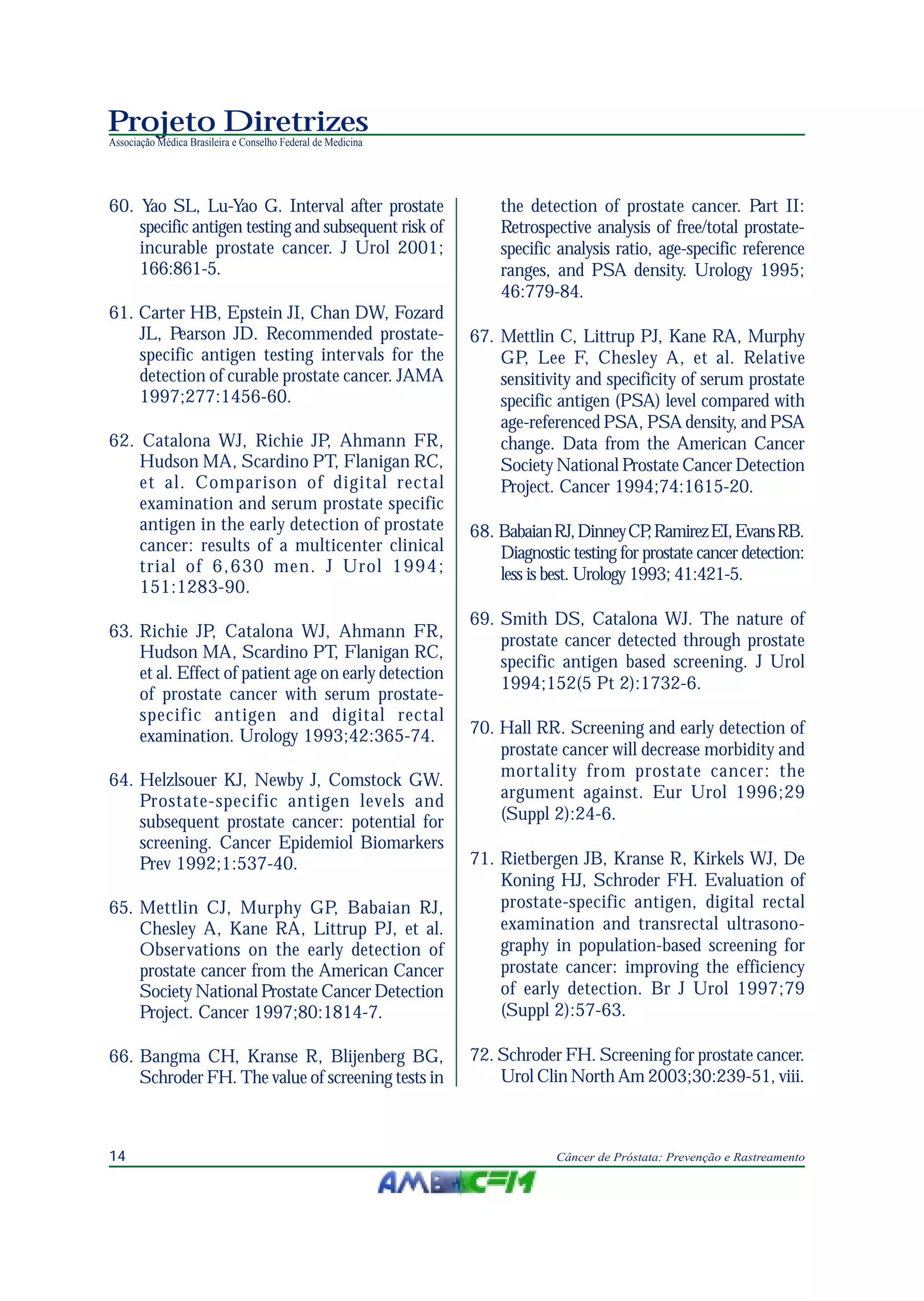Projeto Diretrizes
Associação Médica Brasileira e Conselho Federal de Medicina
14 Câncer de Próstata: Prevenção e Rastreamento
60. Yao SL, Lu-Yao G. Interval after prostate
specific antigen testing and subsequent risk of
incurable prostate cancer. J Urol 2001;
166:861-5.
61. Carter HB, Epstein JI, Chan DW, Fozard
JL, Pearson JD. Recommended prostate-
specific antigen testing intervals for the
detection of curable prostate cancer. JAMA
1997;277:1456-60.
62. Catalona WJ, Richie JP, Ahmann FR,
Hudson MA, Scardino PT, Flanigan RC,
et al. Comparison of digital rectal
examination and serum prostate specific
antigen in the early detection of prostate
cancer: results of a multicenter clinical
trial of 6,630 men. J Urol 1994;
151:1283-90.
63. Richie JP, Catalona WJ, Ahmann FR,
Hudson MA, Scardino PT, Flanigan RC,
et al. Effect of patient age on early detection
of prostate cancer with serum prostate-
specific antigen and digital rectal
examination. Urology 1993;42:365-74.
64. Helzlsouer KJ, Newby J, Comstock GW.
Prostate-specific antigen levels and
subsequent prostate cancer: potential for
screening. Cancer Epidemiol Biomarkers
Prev 1992;1:537-40.
65. Mettlin CJ, Murphy GP, Babaian RJ,
Chesley A, Kane RA, Littrup PJ, et al.
Observations on the early detection of
prostate cancer from the American Cancer
Society National Prostate Cancer Detection
Project. Cancer 1997;80:1814-7.
66. Bangma CH, Kranse R, Blijenberg BG,
Schroder FH. The value of screening tests in
the detection of prostate cancer. Part II:
Retrospective analysis of free/total prostate-
specific analysis ratio, age-specific reference
ranges, and PSA density. Urology 1995;
46:779-84.
67. Mettlin C, Littrup PJ, Kane RA, Murphy
GP, Lee F, Chesley A, et al. Relative
sensitivity and specificity of serum prostate
specific antigen (PSA) level compared with
age-referenced PSA, PSA density, and PSA
change. Data from the American Cancer
Society National Prostate Cancer Detection
Project. Cancer 1994;74:1615-20.
68. BabaianRJ,DinneyCP,RamirezEI,EvansRB.
Diagnostic testing for prostate cancer detection:
less is best. Urology 1993; 41:421-5.
69. Smith DS, Catalona WJ. The nature of
prostate cancer detected through prostate
specific antigen based screening. J Urol
1994;152(5 Pt 2):1732-6.
70. Hall RR. Screening and early detection of
prostate cancer will decrease morbidity and
mortality from prostate cancer: the
argument against. Eur Urol 1996;29
(Suppl 2):24-6.
71. Rietbergen JB, Kranse R, Kirkels WJ, De
Koning HJ, Schroder FH. Evaluation of
prostate-specific antigen, digital rectal
examination and transrectal ultrasono-
graphy in population-based screening for
prostate cancer: improving the efficiency
of early detection. Br J Urol 1997;79
(Suppl 2):57-63.
72. Schroder FH. Screening for prostate cancer.
Urol Clin North Am 2003;30:239-51, viii.
 