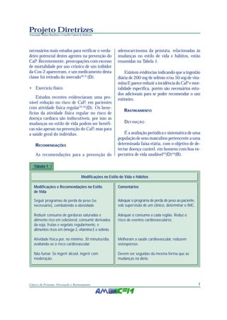 7Câncer de Próstata: Prevenção e Rastreamento
Projeto Diretrizes
Associação Médica Brasileira e Conselho Federal de Medicina
necessários mais estudos para verificar o verda-
deiro potencial destes agentes na prevenção do
CaP. Recentemente, preocupações com excesso
de mortalidade por uso crônico de um inibidor
da Cox-2 apareceram, e um medicamento desta
classe foi retirado do mercado40,41
(D).
• Exercício físico
Estudos recentes evidenciaram uma pro-
vável redução no risco de CaP, em pacientes
com atividade física regular35,42
(D). Os bene-
fícios da atividade física regular no risco de
doença cardíaca são indiscutíveis, por isso as
mudanças no estilo de vida podem ser benéfi-
cas não apenas na prevenção do CaP, mas para
a saúde geral do indivíduo.
RECOMENDAÇÕES
As recomendações para a prevenção do
adenocarcinoma da próstata, relacionadas às
mudanças no estilo de vida e hábitos, estão
resumidas na Tabela 1.
Existem evidências indicando que a ingestão
diária de 200 mg de selênio e/ou 50 mg de vita-
mina E parece reduzir a incidência do CaP e mor-
talidade específica, porém são necessários estu-
dos adicionais para se poder recomendar o uso
rotineiro.
RASTREAMENTO
DEFINIÇÃO
É a avaliação periódica e sistemática de uma
população de sexo masculino pertencente a uma
determinada faixa etária, com o objetivo de de-
tectar doença curável, em homens com boa ex-
pectativa de vida saudável43
(D)44
(B).
Tabala 1
Modificações no Estilo de Vida e Hábitos
Melhoram a saúde cardiovascular, reduzem
osteoporose.
Modificações e Recomendações no Estilo
de Vida
Comentários
Seguir programas de perda de peso (se
necessário), combatendo a obesidade.
Adequar o programa de perda de peso ao paciente,
sob supervisão de um clínico, determinar o IMC.
Reduzir consumo de gorduras saturadas e
alimento rico em colesterol, consumir derivados
da soja, frutas e vegetais regularmente, e
alimentos ricos em ômega-3, vitamina E e selênio.
Adequar o consumo a cada região. Reduz o
risco de eventos cardiovasculares.
Atividade física por, no mínimo, 30 minutos/dia,
avaliando-se o risco cardiovascular.
Não fumar. Se ingerir álcool, ingerir com
moderação.
Devem ser seguidas da mesma forma que as
mudanças na dieta.
 
