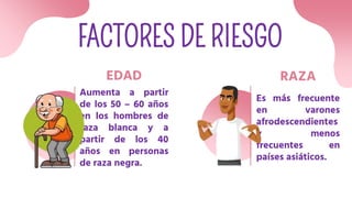 FACTORES DE RIESGO
EDAD
Aumenta a partir
de los 50 – 60 años
en los hombres de
raza blanca y a
partir de los 40
años en personas
de raza negra.
RAZA
Es más frecuente
en varones
afrodescendientes
y menos
frecuentes en
países asiáticos.
 