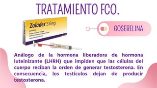 TRATAMIENTO FCO.
GOSERELINA
Análogo de la hormona liberadora de hormona
luteinizante (LHRH) que impiden que las células del
cuerpo reciban la orden de generar testosterona. En
consecuencia, los testículos dejan de producir
testosterona.
 