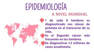 EPIDEMIOLOGÍA
1 de cada 8 hombres es
diagnosticado con cáncer de
próstata en el transcurso de su
vida.
Es el Segundo cáncer más
frecuente en los hombres.
Se diagnosticas 1.3 millones de
casos anualmente.
A NIVEL MUNDIAL
 