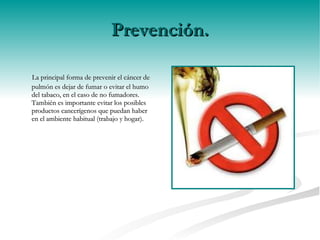 Prevención. La principal forma de prevenir el cáncer de pulmón es dejar de fumar o evitar el humo del tabaco, en el caso de no fumadores. También es importante evitar los posibles productos cancerígenos que puedan haber en el ambiente habitual (trabajo y hogar).  