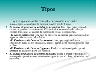 Tipos Según la apariencia de las células al ser examinadas a través del microscopio, los cánceres de pulmón pueden ser de 2 tipos: El cáncer de pulmón de células no pequeñas :  Es el tipo más común de cáncer de pulmón y conforma el 87% de todos los tumores de pulmón. Existen tres clases de cáncer de pulmón de células no pequeñas. -El Adenocarcinoma:  Este tipo de cáncer se encuentra generalmente en las regiones más externas del pulmón. -El Carcinoma de Células Escamosas:  Este tipo es generalmente encontrado cerca de los bronquios, hacia el centro de la cavidad torácica (del pecho). -El Carcinoma de Células Gigantes:  Es de crecimiento rápido y puede aparecer en cualquier parte del pulmón. El cáncer de pulmón de células pequeñas  tiende a crecer y diseminarse más rápido y puede causar síntomas más pronto que el cáncer de células no pequeñas.  