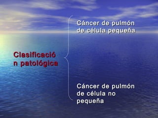 Cáncer de pulmón
               de célula pequeña



Clasificació
n patológica


               Cáncer de pulmón
               de célula no
               pequeña
 