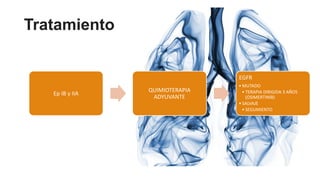 Tratamiento
Ep IB y IIA
QUIMIOTERAPIA
ADYUVANTE
EGFR
• MUTADO
• TERAPIA DIRIGIDA 3 AÑOS
(OSIMERTINIB)
• SALVAJE
• SEGUMIENTO
 