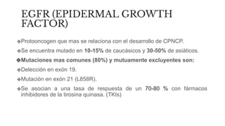 EGFR (EPIDERMAL GROWTH
FACTOR)
❖Protooncogen que mas se relaciona con el desarrollo de CPNCP.
❖Se encuentra mutado en 10-15% de caucásicos y 30-50% de asiáticos.
❖Mutaciones mas comunes (80%) y mutuamente excluyentes son:
❖Delección en exón 19.
❖Mutación en exón 21 (L858R).
❖Se asocian a una tasa de respuesta de un 70-80 % con fármacos
inhibidores de la tirosina quinasa. (TKIs)
 