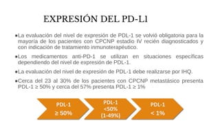 ●La evaluación del nivel de expresión de PDL-1 se volvió obligatoria para la
mayoría de los pacientes con CPCNP estadio IV recién diagnosticados y
con indicación de tratamiento inmunoterapéutico.
●Los medicamentos anti-PD-1 se utilizan en situaciones específicas
dependiendo del nivel de expresión de PDL-1.
●La evaluación del nivel de expresión de PDL-1 debe realizarse por IHQ.
●Cerca del 23 al 30% de los pacientes con CPCNP metastásico presenta
PDL-1 ≥ 50% y cerca del 57% presenta PDL-1 ≥ 1%
EXPRESIÓN DEL PD-L1
PDL-1
≥ 50%
PDL-1
<50%
(1-49%)
PDL-1
< 1%
 