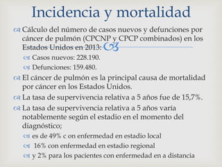 
 Cálculo del número de casos nuevos y defunciones por
cáncer de pulmón (CPCNP y CPCP combinados) en los
Estados Unidos en 2013:
 Casos nuevos: 228.190.
 Defunciones: 159.480.
 El cáncer de pulmón es la principal causa de mortalidad
por cáncer en los Estados Unidos.
 La tasa de supervivencia relativa a 5 años fue de 15,7%.
 La tasa de supervivencia relativa a 5 años varía
notablemente según el estadio en el momento del
diagnóstico;
 es de 49% c on enfermedad en estadio local
 16% con enfermedad en estadio regional
 y 2% para los pacientes con enfermedad en a distancia
Incidencia y mortalidad
 