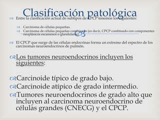 
 Entre la clasificación actual de subtipos de CPCP tenemos los siguientes:
 Carcinoma de células pequeñas.
 Carcinoma de células pequeñas combinado (es decir, CPCP combinado con componentes
neoplásicos escamosos o glandulares).
 El CPCP que surge de las células endocrinas forma un extremo del espectro de los
carcinomas neuroendocrinos de pulmón.
Los tumores neuroendocrinos incluyen los
siguientes:
Carcinoide típico de grado bajo.
Carcinoide atípico de grado intermedio.
Tumores neuroendocrinos de grado alto que
incluyen al carcinoma neuroendocrino de
células grandes (CNECG) y el CPCP.
Clasificación patológica
 