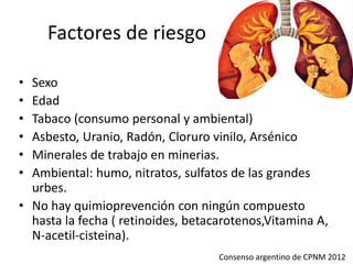 Factores de riesgo
• Sexo
• Edad
• Tabaco (consumo personal y ambiental)
• Asbesto, Uranio, Radón, Cloruro vinilo, Arsénico
• Minerales de trabajo en minerias.
• Ambiental: humo, nitratos, sulfatos de las grandes
urbes.
• No hay quimioprevención con ningún compuesto
hasta la fecha ( retinoides, betacarotenos,Vitamina A,
N-acetil-cisteina).
Consenso argentino de CPNM 2012
 