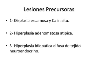 Lesiones Precursoras
• 1- Displasia escamosa y Ca in situ.
• 2- Hiperplasia adenomatosa atipica.
• 3- Hiperplasia idiopatica difusa de tejido
neuroendocrino.
 