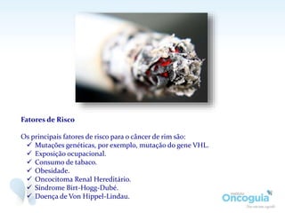 Fatores de Risco
Os principais fatores de risco para o câncer de rim são:
 Mutações genéticas, por exemplo, mutação do gene VHL.
 Exposição ocupacional.
 Consumo de tabaco.
 Obesidade.
 Oncocitoma Renal Hereditário.
 Síndrome Birt-Hogg-Dubé.
 Doença de Von Hippel-Lindau.
 