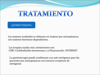 QUIMIOTERAPIA Los mejores resultados se obtienen en mujeres pre menopáusicas con tumores hormono-dependientes. Las terapias usadas más comúnmente son: CMF: Ciclofosfanida-metotrexato y 5-Fluorouracilo. INTERNET La quimioterapia puede combinarse con anti estrógenos para las pacientes pos menopáusicas con tumores receptores de estrógenos 