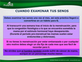 CUANDO EXAMINAR TUS SENOS

Debes examinar tus senos una vez al mes, así esta práctica llegará a
                 convertirse en un hábito para tí.

  Al transcurrir una semana tras el inicio de la menstruación, para
  que la congestión fisiológica a la que se encuentra sometida la
        mama por el estimulo hormonal haya desaparecido.
     (Durante el período pre-menstrual las mamas suelen estar
                      endurecidas y dolorosas).

  Si no tienes la menstruación por estar embarazada o por cualquier
  otro motivo debes elegir un día fijo de cada mes que sea fácil de
                          recordar para tí.
No olvides que el hombre también puede sufrir de cáncer de mama,
             aunque en un porcentaje mucho menor.
 