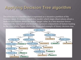 Decision tree is a classifier that is expressed as a recursive partition of the
instance space. It creates a predictive model, which maps observations about a
node to conclusions about the nodes’ target value. In a tree structure leaves
represent the class labels and branches represent conjunctions of feature leading
to the class labels. Figure shows the illustrated example of binary decision tree.
 