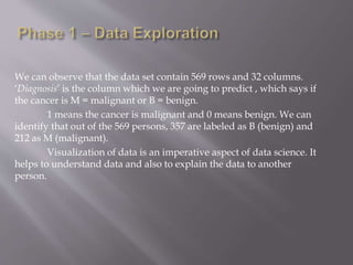 We can observe that the data set contain 569 rows and 32 columns.
‘Diagnosis’ is the column which we are going to predict , which says if
the cancer is M = malignant or B = benign.
1 means the cancer is malignant and 0 means benign. We can
identify that out of the 569 persons, 357 are labeled as B (benign) and
212 as M (malignant).
Visualization of data is an imperative aspect of data science. It
helps to understand data and also to explain the data to another
person.
 