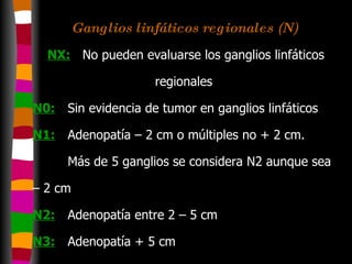 Ganglios linfáticos regionales (N)   NX:   No pueden evaluarse los ganglios linfáticos regionales  N0:   Sin evidencia de tumor en ganglios linfáticos N1:   Adenopatía – 2 cm o múltiples no + 2 cm. Más de 5 ganglios se considera N2 aunque sea – 2 cm N2:   Adenopatía entre 2 – 5 cm N3: Adenopatía + 5 cm 