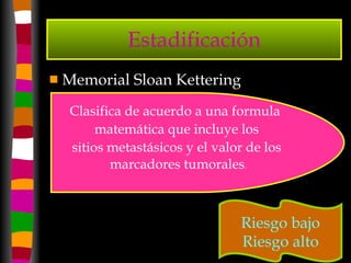 Estadificación Memorial Sloan Kettering Riesgo bajo Riesgo alto Clasifica de acuerdo a una formula  matemática que incluye los sitios metastásicos y el valor de los marcadores tumorales . 