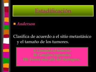 Estadificación Anderson Clasifica de acuerdo a el sitio metastásico y el tamaño de los tumores. I:  Limitado al testículo II:  Ganglios regionales III:  Tumor más allá del diafragma.   
