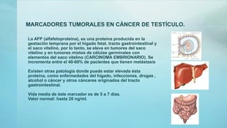 MARCADORES TUMORALES EN CÁNCER DE TESTÍCULO.
La AFP (alfafetoproteina), es una proteína producida en la
gestación temprana por el hígado fetal, tracto gastrointestinal y
el saco vitelino, por lo tanto, se eleva en tumores del saco
vitelino y en tumores mixtos de células germinales con
elementos del saco vitelino (CARCINOMA EMBRIONARIO). Se
incrementa entre el 40-60% de pacientes que tienen metástasis
Existen otras patología donde puede estar elevada ésta
proteína, como enfermedades del hígado, infecciones, drogas ,
alcohol o cáncer y otros cánceres originados del tracto
gastrointestinal.
Vida media de éste marcador es de 5 a 7 días.
Valor normal: hasta 20 ng/ml.
 