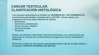 CÁNCER TESTICULAR.
CLASIFICACIÓN HISTOLÓGICA.
Los tumores testiculares se dividen en GERMINALES Y NO GERMINALES.
Los tumores germinales corresponden al 90-95% de los casos y se
compones de cinco tipos básicos de células.
• Seminoma.
• Carcinoma embrionario.
• Tumor de saco vitelino.
• Coriocarcinoma.
• Teratoma.
Existe una división importante entre los seminomas y no seminomas que
determina el manejo de la enfermedad locoregional y de las metástasis a
distancia.
Cerca de la mitad de los tumores germinales tienen más de un tipo celular y
se llaman TUMORES GERMINALES MIXTOS.
 