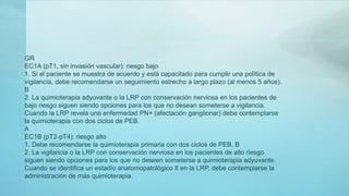 GR
EC1A (pT1, sin invasión vascular): riesgo bajo
1. Si el paciente se muestra de acuerdo y está capacitado para cumplir una política de
vigilancia, debe recomendarse un seguimiento estrecho a largo plazo (al menos 5 años).
B
2. La quimioterapia adyuvante o la LRP con conservación nerviosa en los pacientes de
bajo riesgo siguen siendo opciones para los que no desean someterse a vigilancia.
Cuando la LRP revela una enfermedad PN+ (afectación ganglionar) debe contemplarse
la quimioterapia con dos ciclos de PEB.
A
EC1B (pT2-pT4): riesgo alto
1. Debe recomendarse la quimioterapia primaria con dos ciclos de PEB. B
2. La vigilancia o la LRP con conservación nerviosa en los pacientes de alto riesgo
siguen siendo opciones para los que no deseen someterse a quimioterapia adyuvante.
Cuando se identifica un estadio anatomopatológico II en la LRP, debe contemplarse la
administración de más quimioterapia.
 