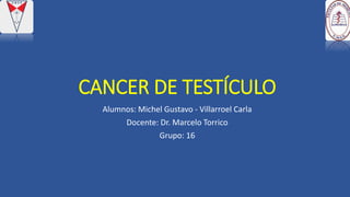 CANCER DE TESTÍCULO
Alumnos: Michel Gustavo - Villarroel Carla
Docente: Dr. Marcelo Torrico
Grupo: 16
 
