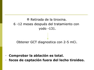 Retirada de la tiroxina.
      6 -12 meses después del tratamiento con
                    yodo -131.



        Obtener GCT diagnostica con 2-5 mCi.



-   Comprobar la ablación es total.
-   focos de captación fuera del lecho tiroideo.
 
