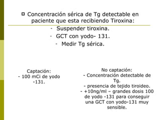    Concentración sérica de Tg detectable en
      paciente que esta recibiendo Tiroxina:
             - Suspender tiroxina.
             - GCT con yodo- 131.
               - Medir Tg sérica.




    Captación:                    No captación:
- 100 mCi de yodo         - Concentración detectable de
      -131.                            Tg.
                          - presencia de tejido tiroideo.
                        - +10ng/ml – grandes dosis 100
                           de yodo -131 para conseguir
                           una GCT con yodo-131 muy
                                    sensible.
 