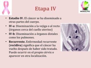 Etapa IV Estadio IV.  El cáncer se ha diseminado a otras partes del cuerpo. IV-a : Diseminación a la vejiga o al recto (órganos cerca del cuello uterino) IV-b : Diseminación a órganos distales como los pulmones. Recurrente.  Enfermedad recurrente ( recidiva ) significa que el cáncer ha vuelto después de haber sido tratado. Puede ocurrir en el propio cérvix o aparecer en otra localización. 