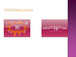 CARCINOMA DE
   85%
     80
  CELULAS      ADENOCARCINOMA
                     19
 ESCAMOSAS
 