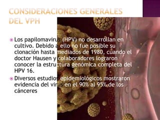  Los papilomavirus (HPV) no desarrollan en
  cultivo. Debido a ello no fue posible su
  clonación hasta mediados de 1980, cuando el
  doctor Hausen y colaboradores lograron
  conocer la estructura genómica completa del
  HPV 16.
 Diversos estudios epidemiológicos mostraron
  evidencia del virus en el 90% al 95% de los
  cánceres
 