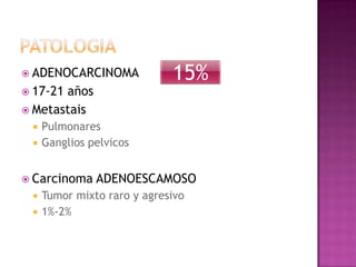  ADENOCARCINOMA             15%
 17-21años
 Metastais
    Pulmonares
    Ganglios pelvicos


 Carcinoma    ADENOESCAMOSO
    Tumor mixto raro y agresivo
    1%-2%
 