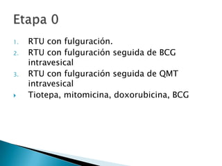 1.   RTU con fulguración.
2.   RTU con fulguración seguida de BCG
     intravesical
3.   RTU con fulguración seguida de QMT
     intravesical
    Tiotepa, mitomicina, doxorubicina, BCG
 