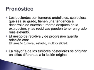 ! Los pacientes con tumores uroteliales, cualquiera
que sea su grado, tienen una tendencia al
desarrollo de nuevos tumores después de la
extirpación, y las recidivas pueden tener un grado
más elevado.
! El riesgo de recidiva y de progresión guarda
relación con: 
El tamaño tumoral, estadio, multifocalidad.
! La mayoría de los tumores posteriores se originan
en sitios diferentes a la lesión original.
 