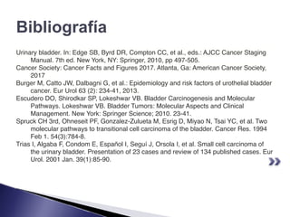 Bibliografía
Urinary bladder. In: Edge SB, Byrd DR, Compton CC, et al., eds.: AJCC Cancer Staging
Manual. 7th ed. New York, NY: Springer, 2010, pp 497-505.
Cancer Society: Cancer Facts and Figures 2017. Atlanta, Ga: American Cancer Society,
2017
Burger M, Catto JW, Dalbagni G, et al.: Epidemiology and risk factors of urothelial bladder
cancer. Eur Urol 63 (2): 234-41, 2013. 
Escudero DO, Shirodkar SP, Lokeshwar VB. Bladder Carcinogenesis and Molecular
Pathways. Lokeshwar VB. Bladder Tumors: Molecular Aspects and Clinical
Management. New York: Springer Science; 2010. 23-41.
Spruck CH 3rd, Ohneseit PF, Gonzalez-Zulueta M, Esrig D, Miyao N, Tsai YC, et al. Two
molecular pathways to transitional cell carcinoma of the bladder. Cancer Res. 1994
Feb 1. 54(3):784-8.
Trias I, Algaba F, Condom E, Español I, Seguí J, Orsola I, et al. Small cell carcinoma of
the urinary bladder. Presentation of 23 cases and review of 134 published cases. Eur
Urol. 2001 Jan. 39(1):85-90.
 